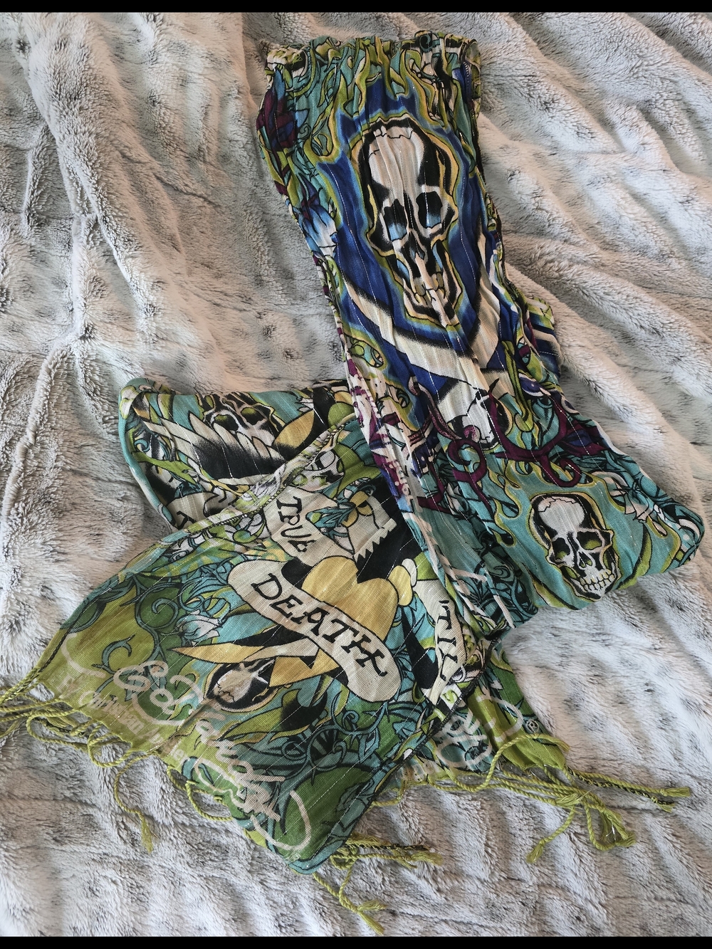 Ed Hardy Skull & Banner Lightweight Scarf in Teal, Blue, Green and Yellow